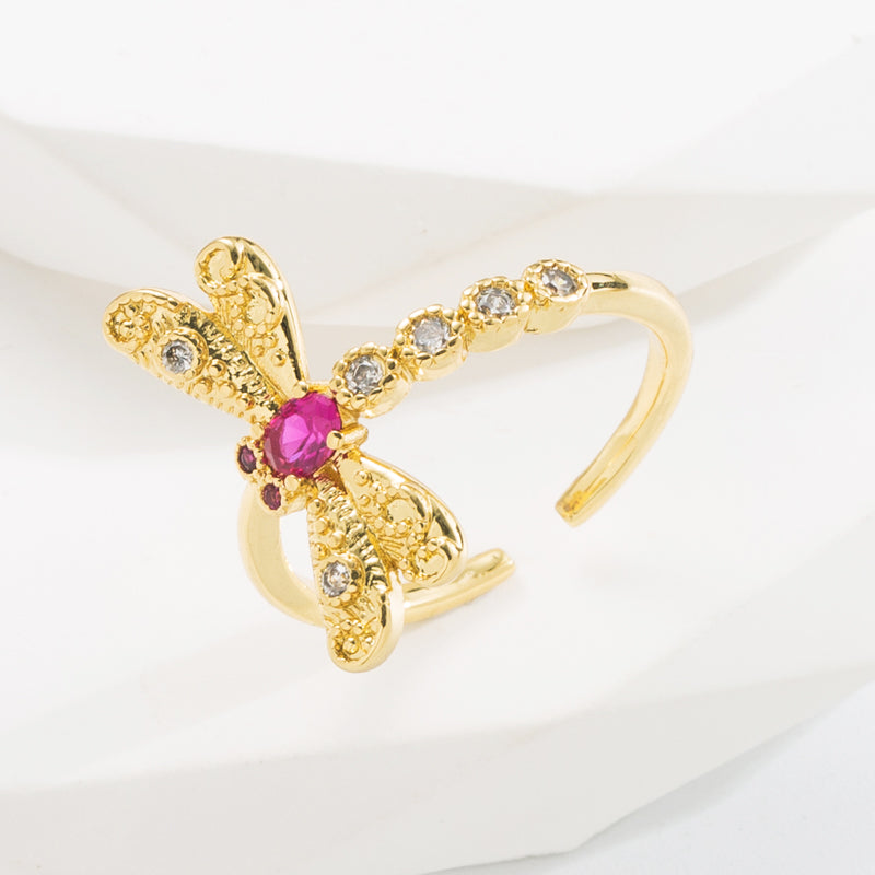 Baroque Dragonfly Zircon Adjustable Gold Plated Open Ring