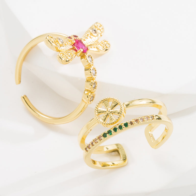 Baroque Dragonfly Zircon Adjustable Gold Plated Open Ring