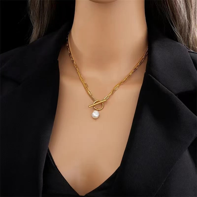 Baroque Pearl Titanium Steel Double Layer Necklace