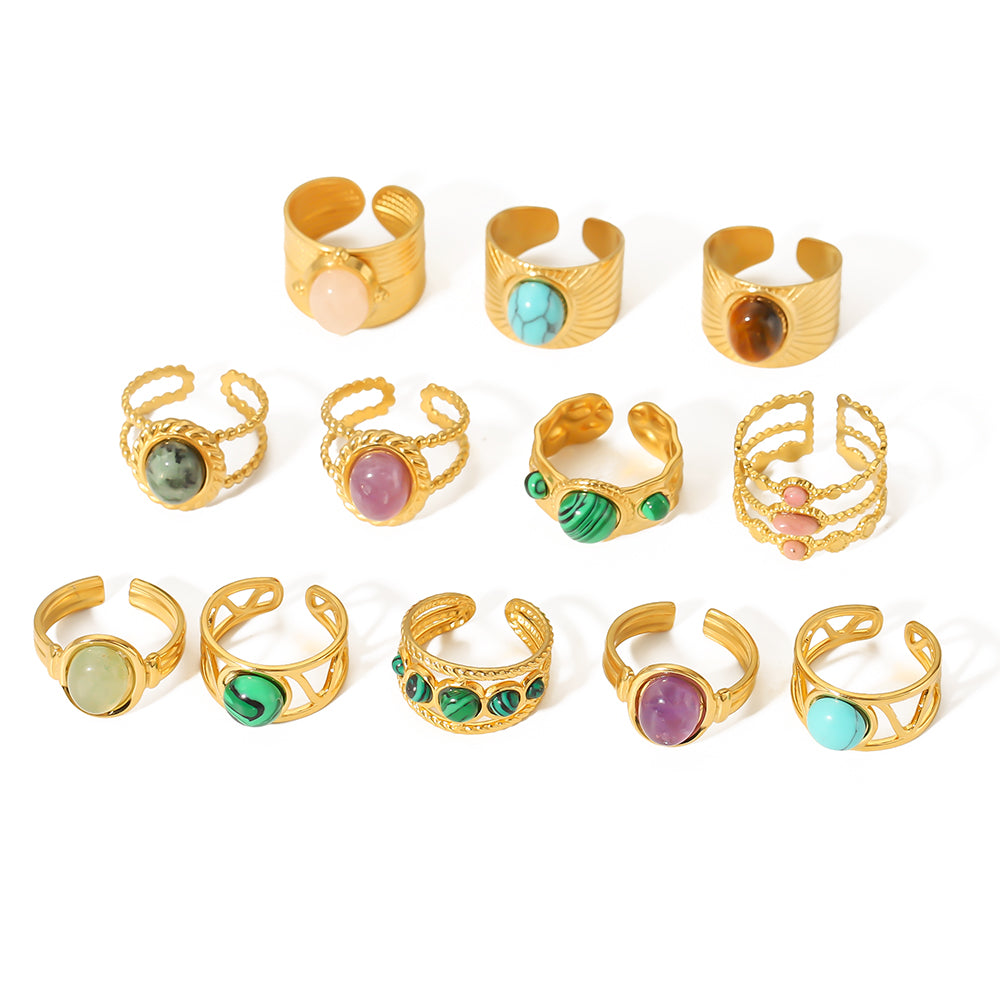 Vintage Geometric Emerald Natural Stone 18K Gold Plated Stainless Steel Open Ring