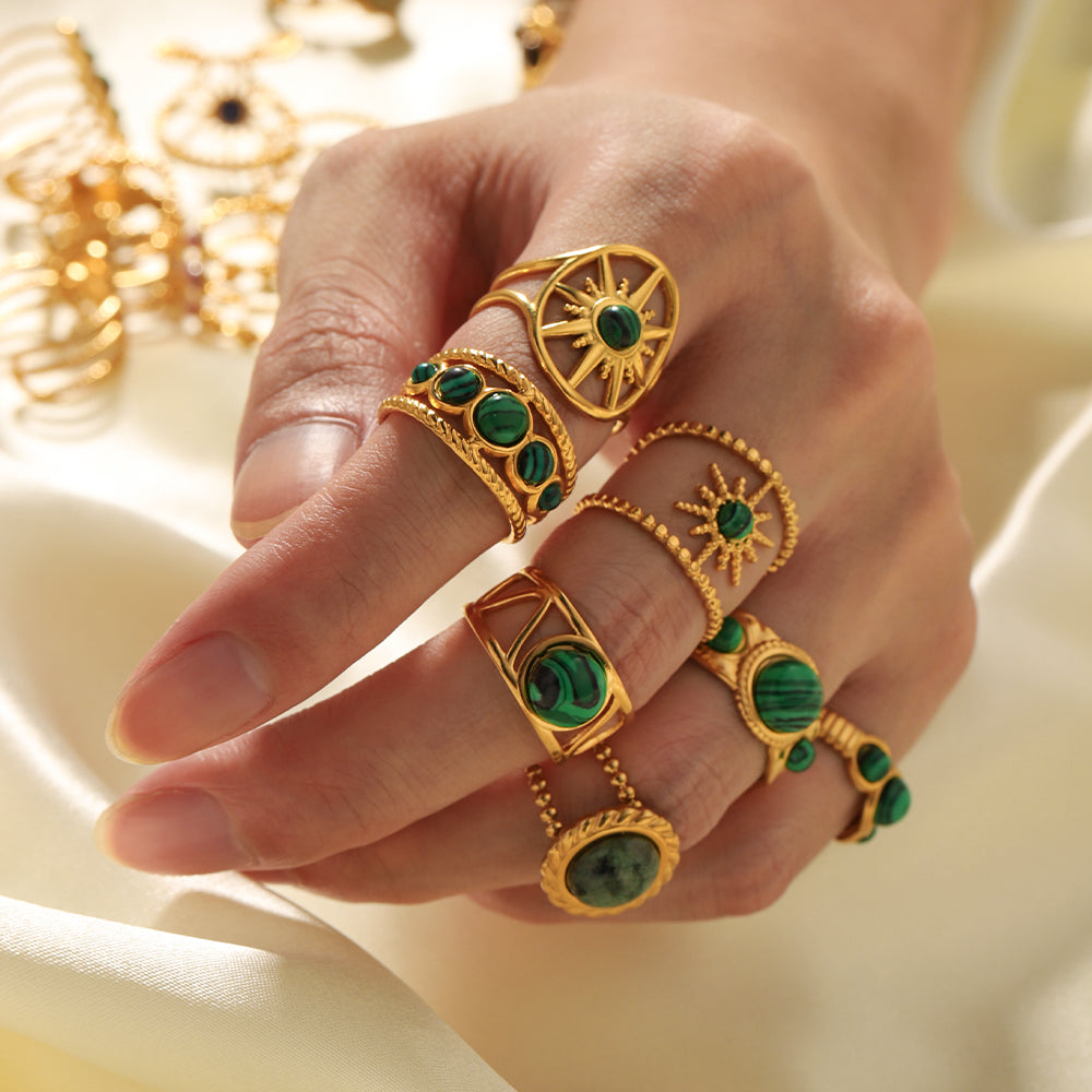 Vintage Geometric Emerald Natural Stone 18K Gold Plated Stainless Steel Open Ring