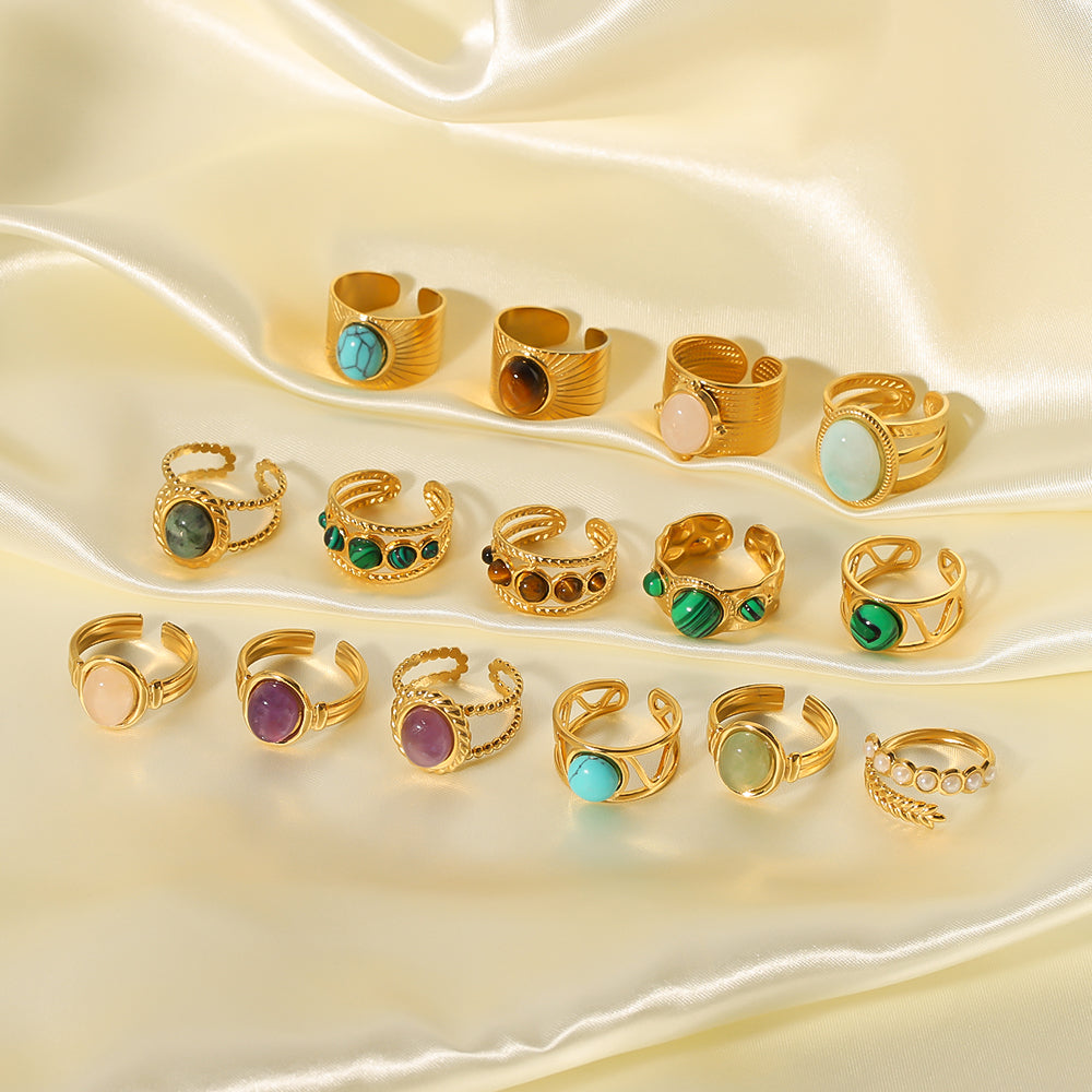 Vintage Geometric Emerald Natural Stone 18K Gold Plated Stainless Steel Open Ring
