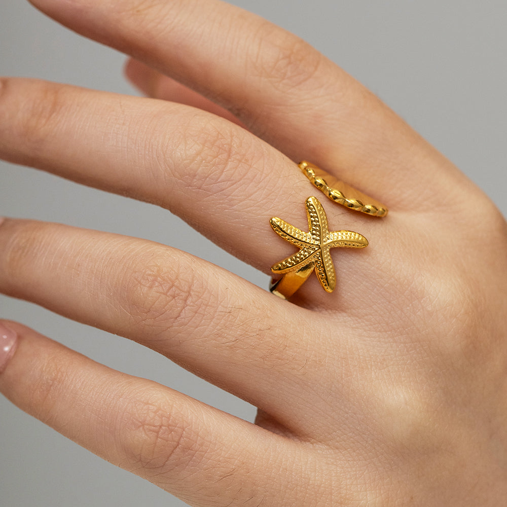 18K Gold Plated Stainless Steel Starfish Shell Open Ring