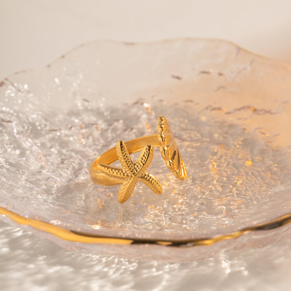 18K Gold Plated Stainless Steel Starfish Shell Open Ring