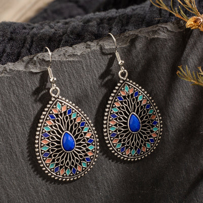 Bohemian Alloy Hollow Drop-shaped Colored Diamond Earrings Wholesale