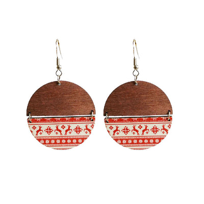 Bohemian Geometric Wood Christmas Pattern Drop Earrings