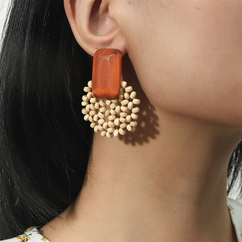 Bohemian Geometric Wooden Bead Handmade Earrings