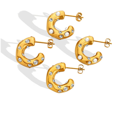 C-Shaped Gold-Plated Titanium Steel Zircon Pearl Hoop Earrings