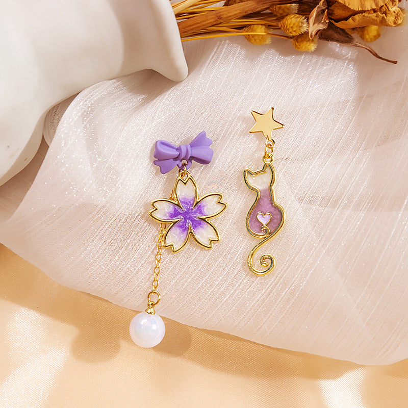 Cartoon Animal Enamel Pearl Drop Earrings with Bow and Flower Design