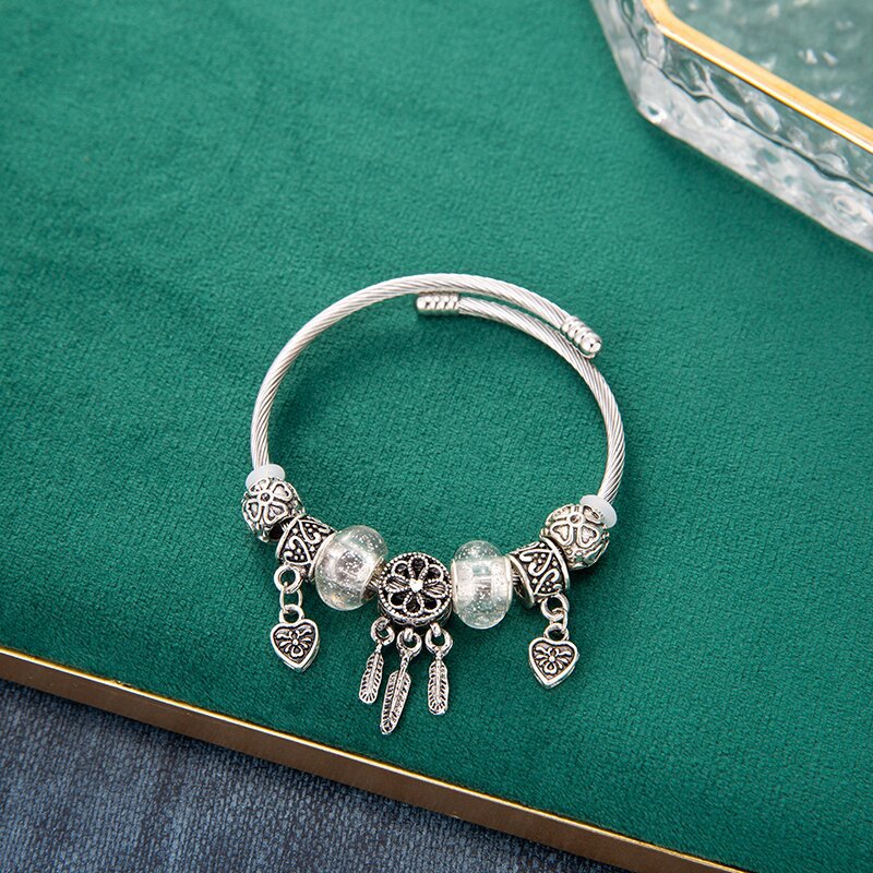 Casual Leaf Heart Stainless Steel Bangle with Crystal Tassel Pendant