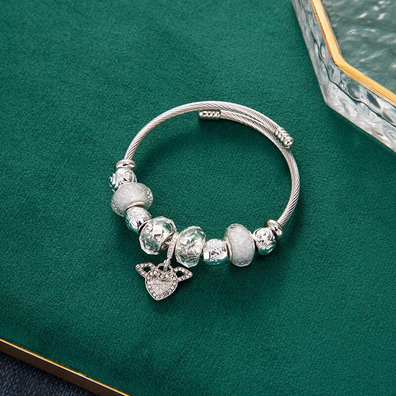 Casual Leaf Heart Stainless Steel Bangle with Crystal Tassel Pendant