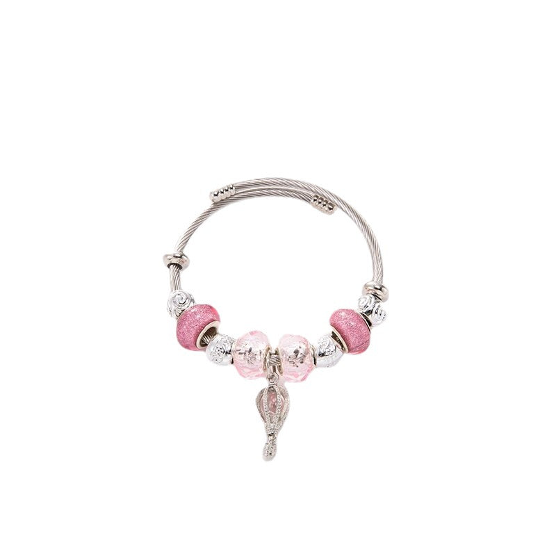 Casual Leaf Heart Stainless Steel Bangle with Crystal Tassel Pendant