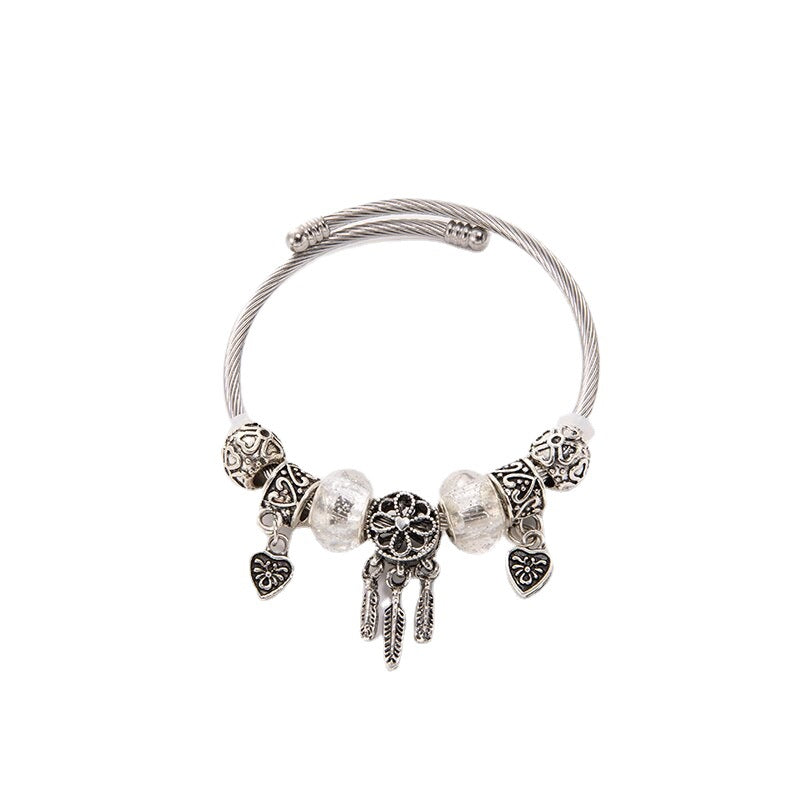 Casual Leaf Heart Stainless Steel Bangle with Crystal Tassel Pendant