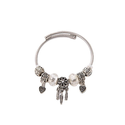 Casual Leaf Heart Stainless Steel Bangle with Crystal Tassel Pendant