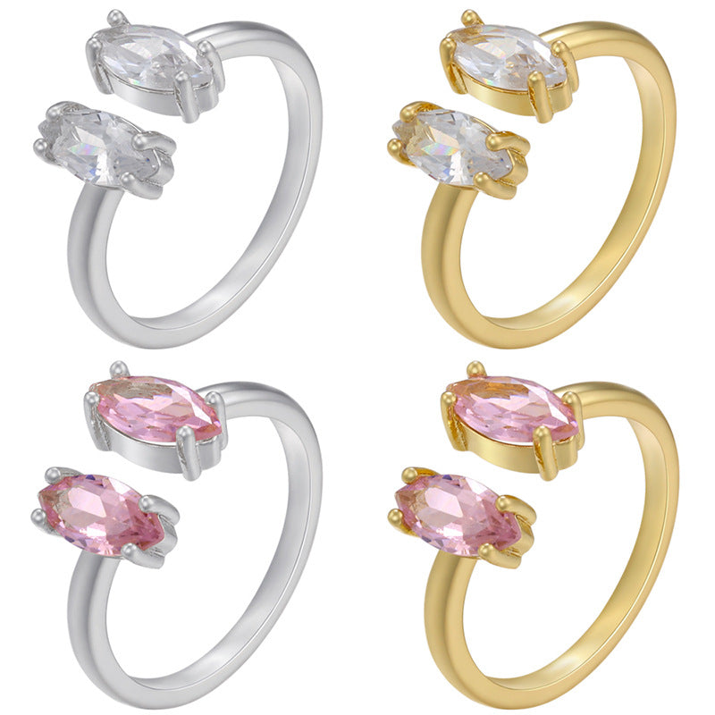 18K Gold Plated Geometric Zircon Open Ring with Marquise Pink Stone