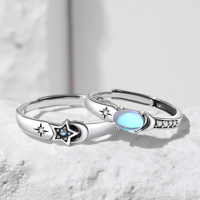 Classic Star and Moonstone Sterling Silver Open Ring Set