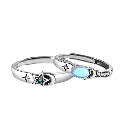 Classic Star and Moonstone Sterling Silver Open Ring Set