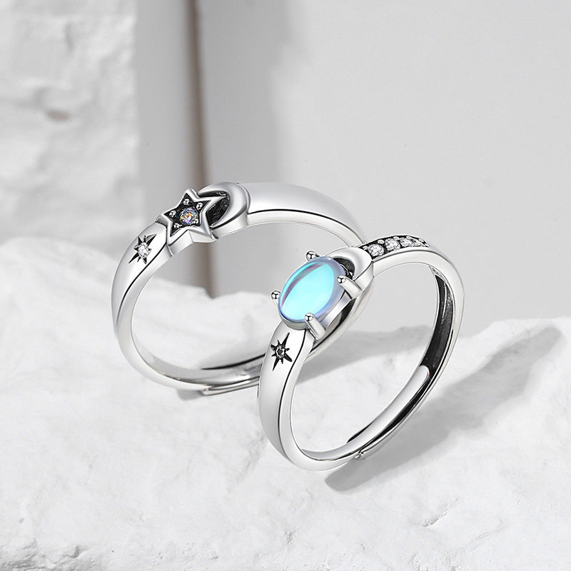 Classic Star and Moonstone Sterling Silver Open Ring Set