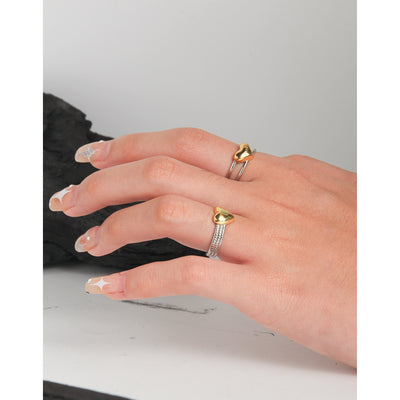 Dual Tone Heart Chain Adjustable Ring in Sterling Silver and Gold Plating