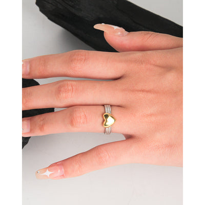 Dual Tone Heart Chain Adjustable Ring in Sterling Silver and Gold Plating