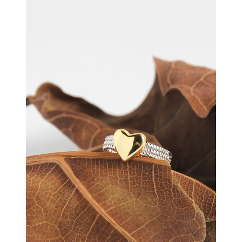 Dual Tone Heart Chain Adjustable Ring in Sterling Silver and Gold Plating