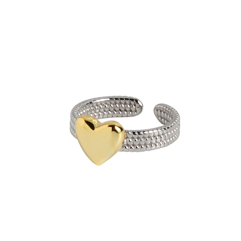 Dual Tone Heart Chain Adjustable Ring in Sterling Silver and Gold Plating