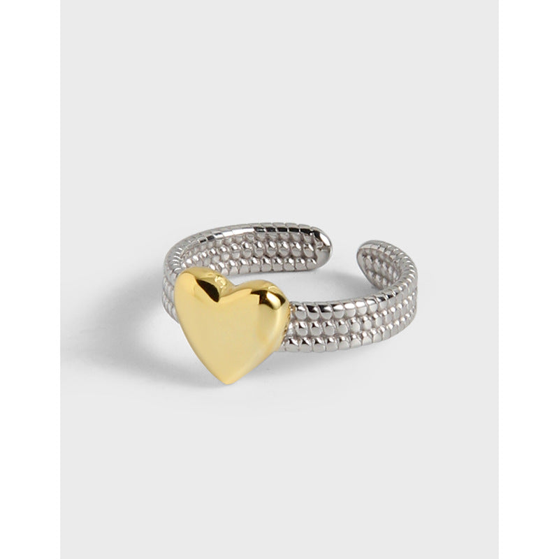 Dual Tone Heart Chain Adjustable Ring in Sterling Silver and Gold Plating