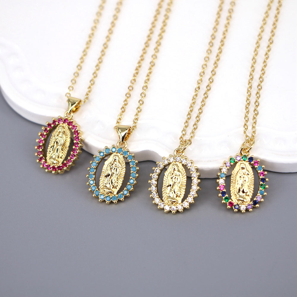 Creative Oval Virgin Mary Pendant Necklace with Rhinestone Inlay