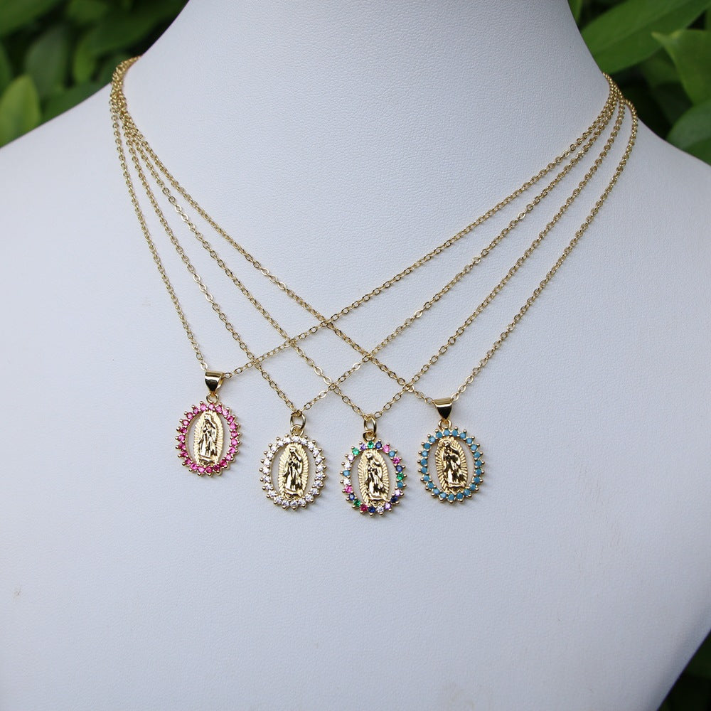 Creative Oval Virgin Mary Pendant Necklace with Rhinestone Inlay