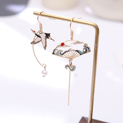 Creative Crane Asymmetric Tassel Pearl Drop Earrings