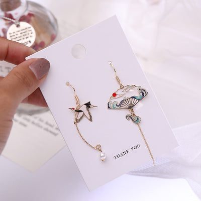 Creative Crane Asymmetric Tassel Pearl Drop Earrings