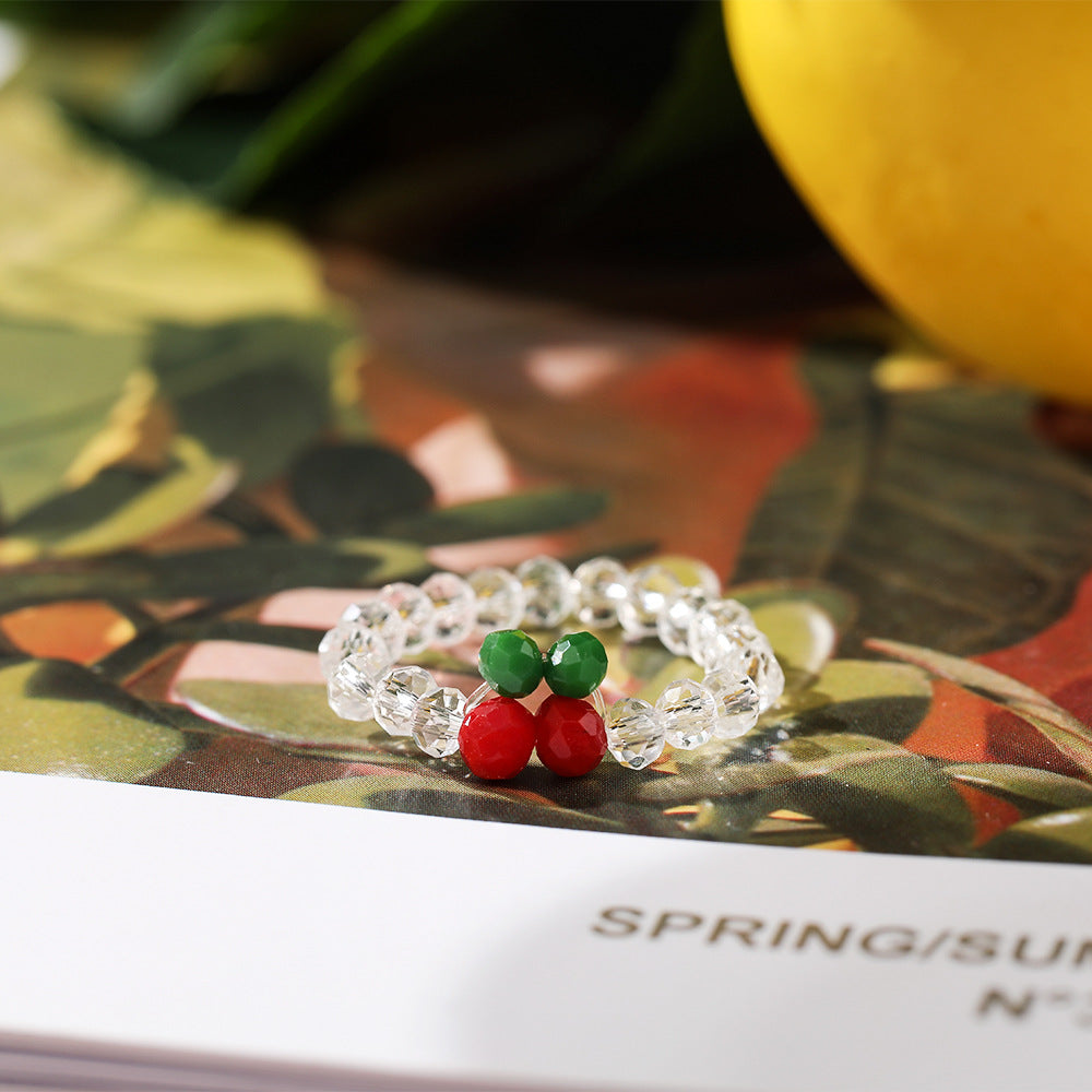 Creative Elastic Crystal Bead Cherry Fruit Ring for Women