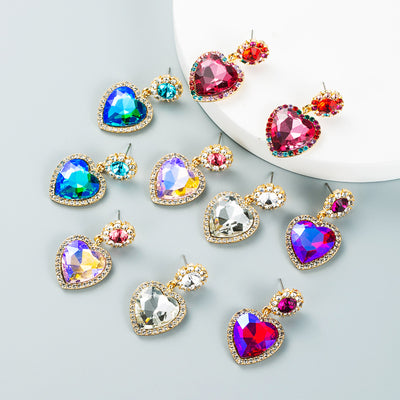 Creative Personality Alloy Studded With Rhinestone Glass Diamond Heart-shaped Earrings