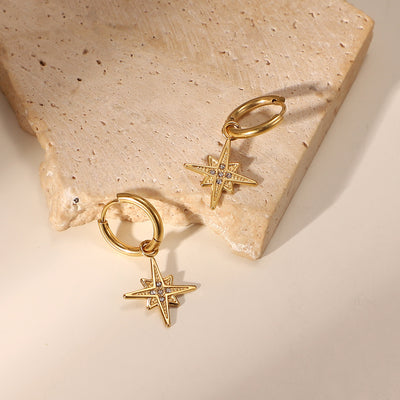 Creative 14K Gold Plated Stainless Steel Star Zircon Pendant Hoop Earrings