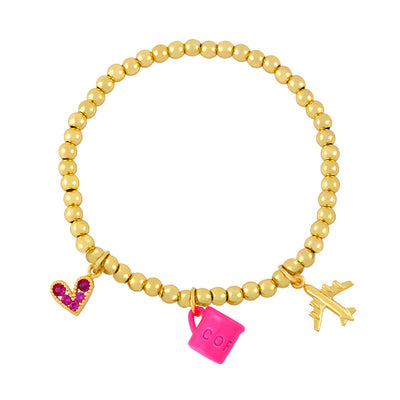 Creative Trend Fun Bracelet Cute Coffee Cup Airplane Love Heart Pendant Bead Bracelet