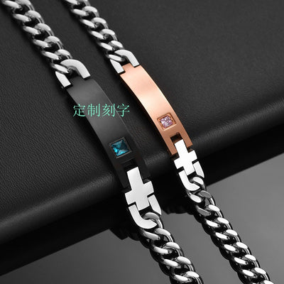 Titanium Steel Zircon Couple ID Bracelet with King Queen Crown Design