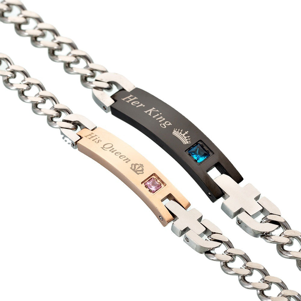 Titanium Steel Zircon Couple ID Bracelet with King Queen Crown Design