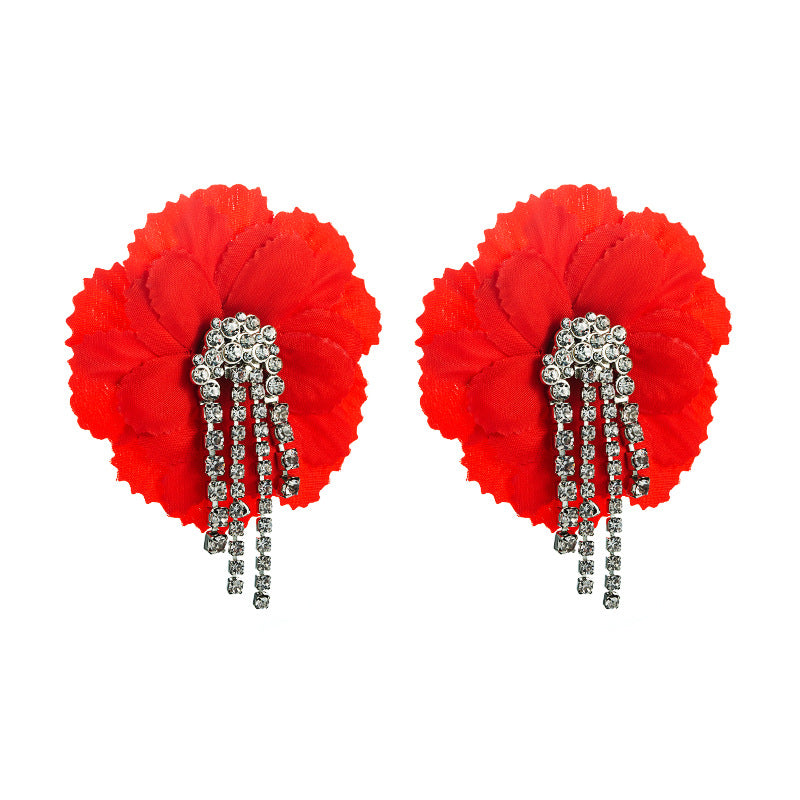 Cross-Border New Arrival Exaggerated Alloy Diamond Ins Style Cloth Large Flower Earrings Female Tassel Za Earring With Same Kind Wholesale