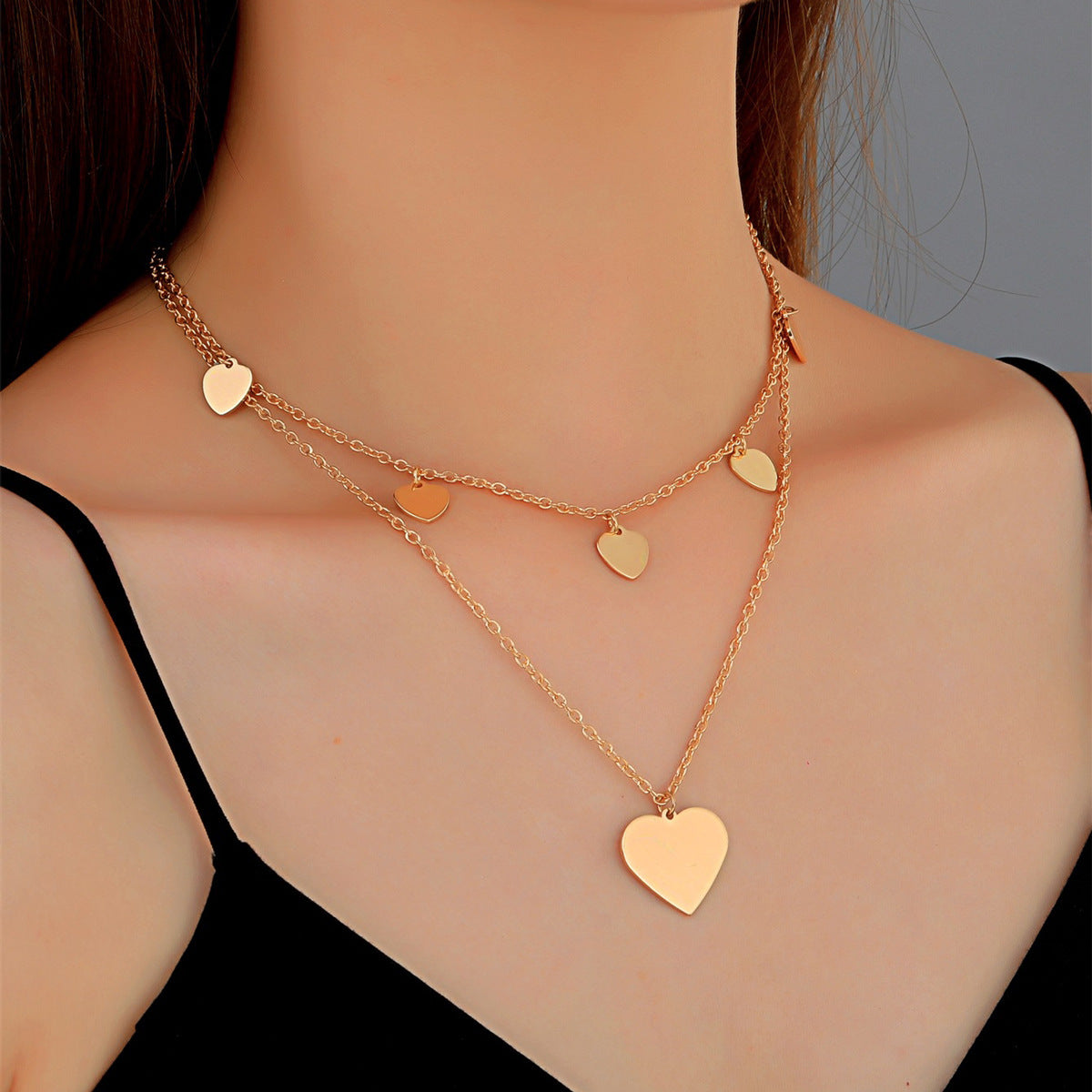 Cross-Border New Arrival Multi-Layer Love Necklace Sweater Chain European And American Fashion Small Peach Heart Twin Clavicle Chain Double-Layer Set Chain For Women