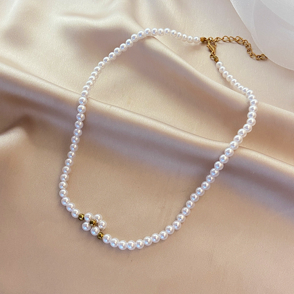 Cross-Border New Arrival Women's Simple Chock Jewelry Shopee Vintage Simple Pearl Flower Necklace