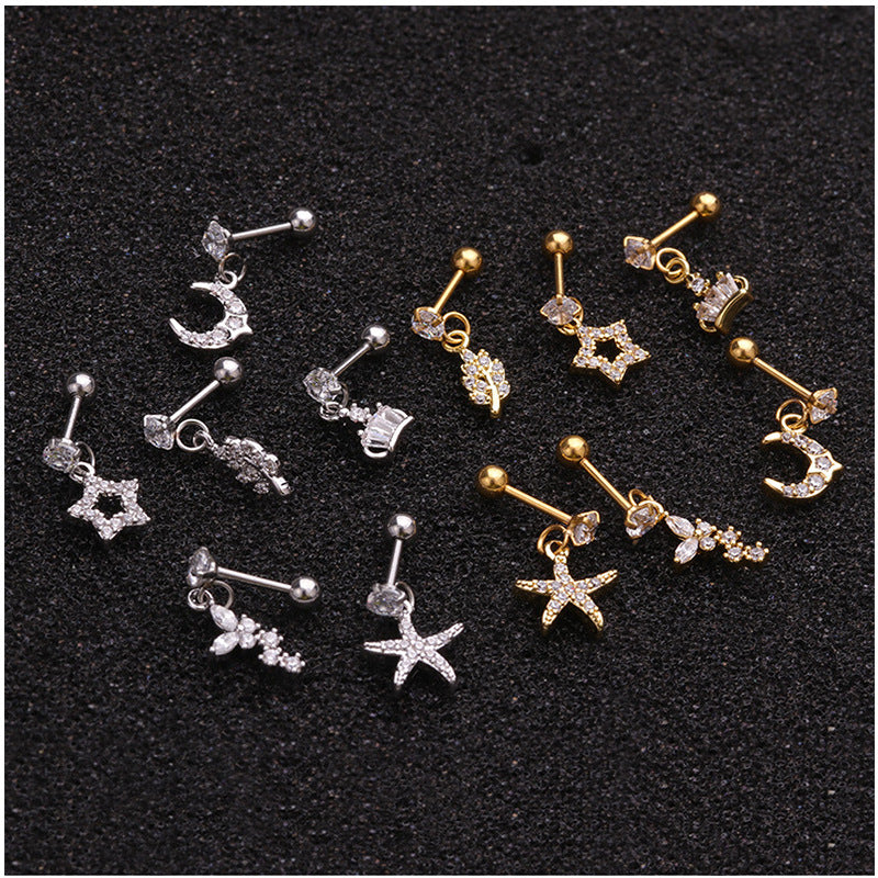Cross-Border New Stainless Steel Screw Earrings European And American Zircon-Inlaid Pendant Ear Bone Stud Foreign Trade Piercing Jewelry Wholesale