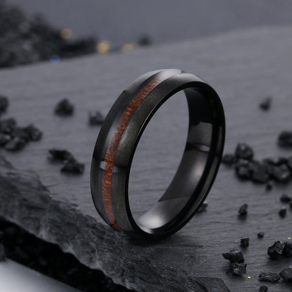 6mm Acacia Wood Inlaid Stainless Steel Ring - Black Wood Grain Design