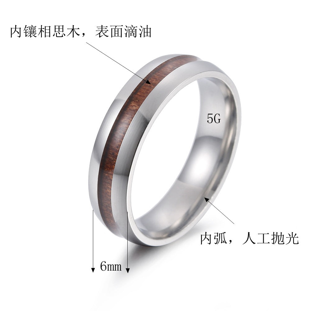 6mm Acacia Wood Inlaid Stainless Steel Ring - Black Wood Grain Design