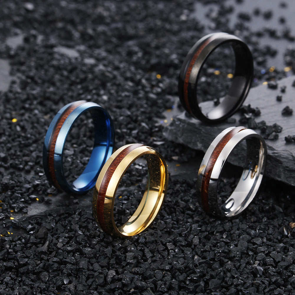 Cross-border 6MM Wide Inner And Outer Arc Inlaid Acacia Wood Ring Stainless Steel Jewelry Wholesale