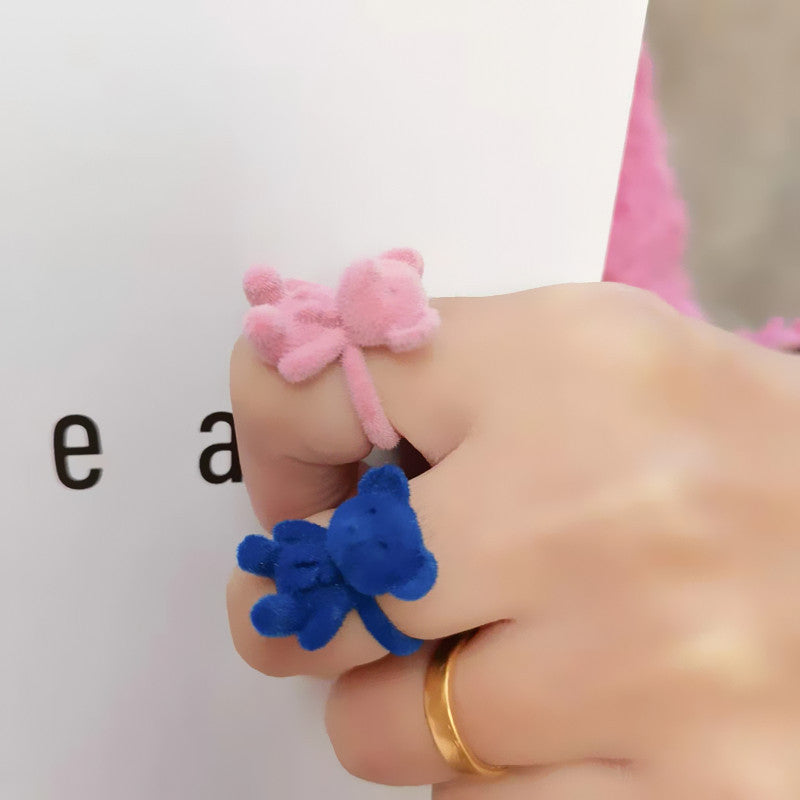 Cute Bear Velvet Bow Adjustable Open Ring for Women