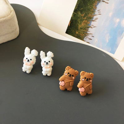 Cute Bunny Bear Resin Earrings with S925 Silver Studs