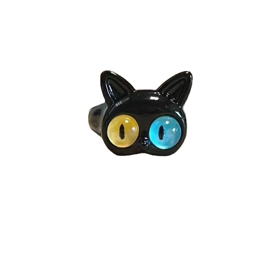 Cute Cat Black Monster Glass Alloy Open Ring with Artificial Pearls