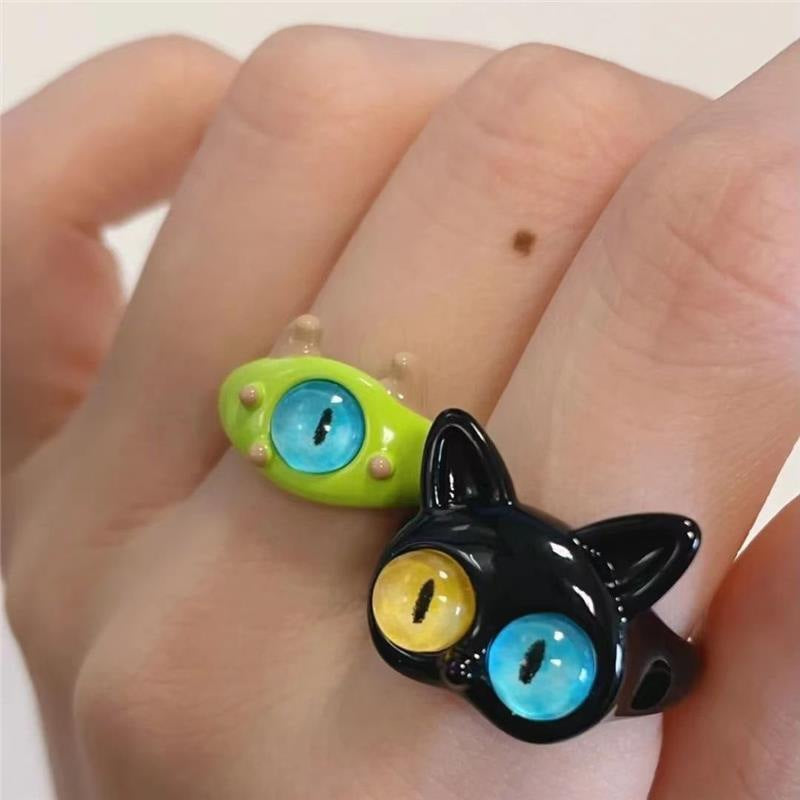 Cute Cat Black Monster Glass Alloy Open Ring with Artificial Pearls