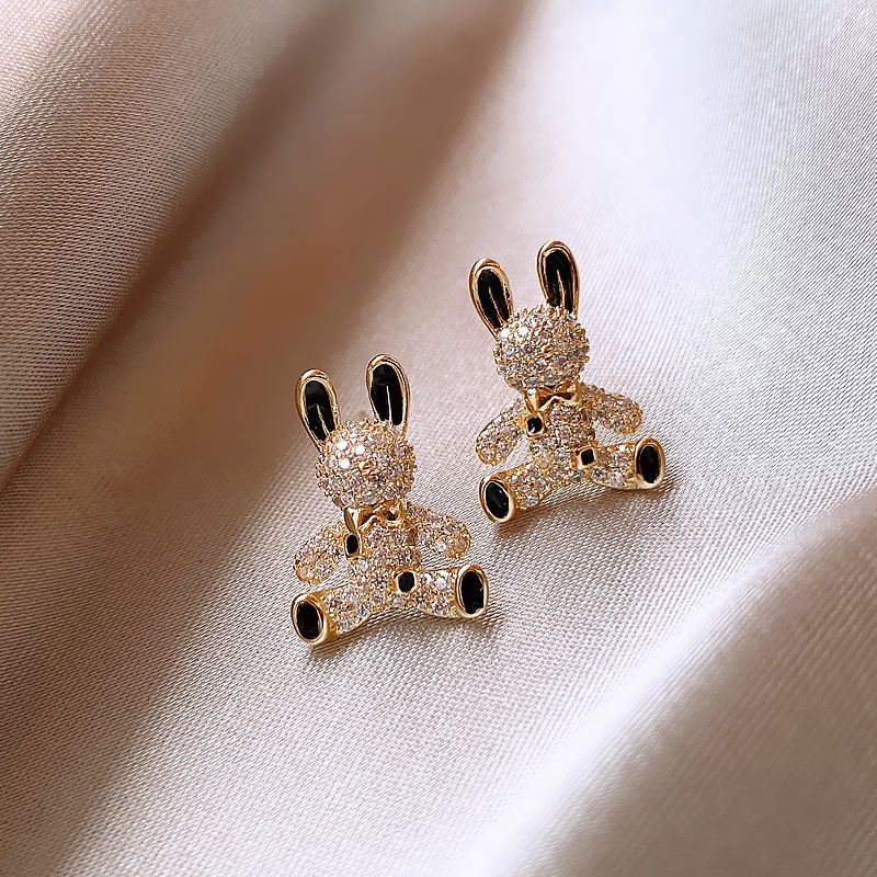 Cute Rabbit Alloy Inlay Rhinestone Stud Earrings with S925 Silver Needle