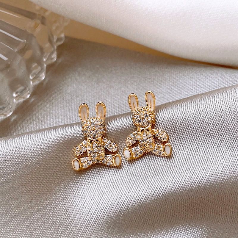 Cute Rabbit Alloy Inlay Rhinestone Stud Earrings with S925 Silver Needle